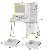 Scrivania da toeletta Garvee Fluted con specchio e luce LED a 3 colori, 5 cassetti e ripiani, bianco e oro, tavolo da toeletta per camera da letto, 45 pollici