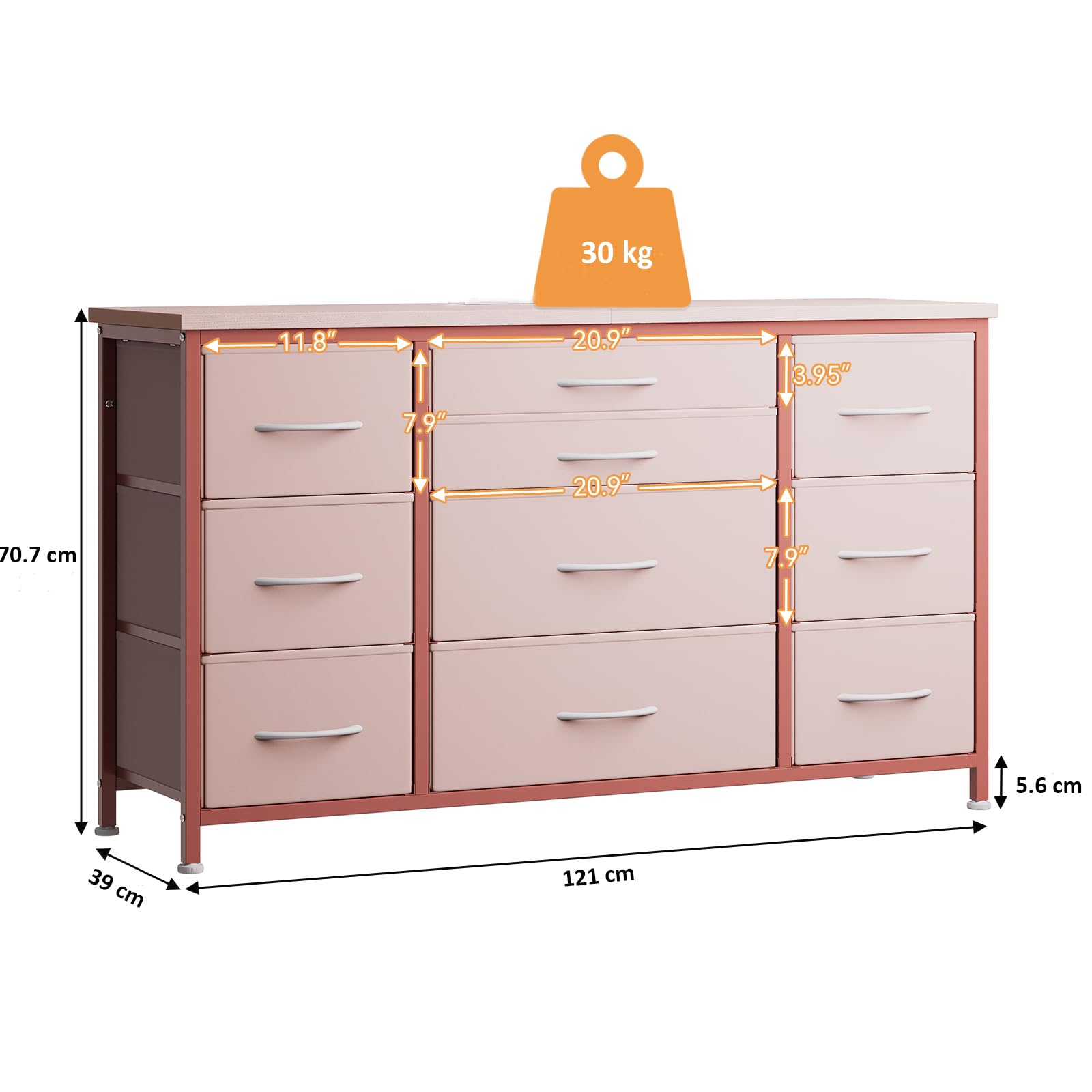 Cassettiera GARVEE con cassetti, credenza con 10 cassetti in tessuto e 3 prese di corrente, cassettiera per soggiorno, credenza per ingresso, mobile contenitore con rivestimento in tessuto, robusta struttura in metallo, piano in legno