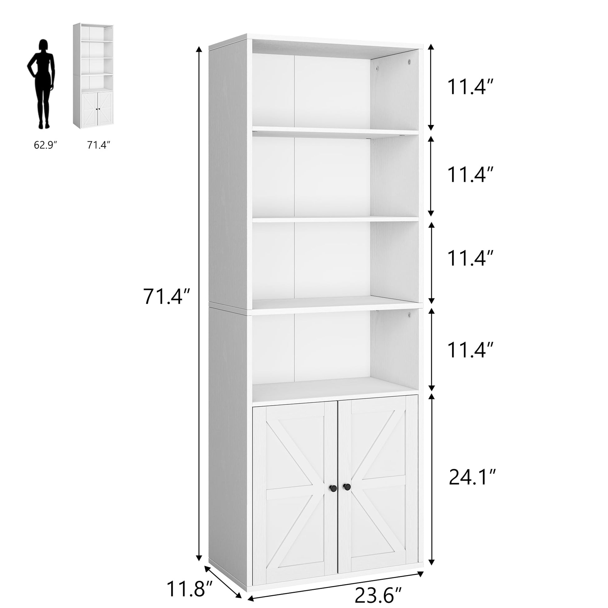 Garvee Libreria Industriale 71.4" con Ante e Ripiani, Ampio Spazio, Porta Scorrevole, Bianco, Anti-Ribaltamento, Soggiorno/Ufficio