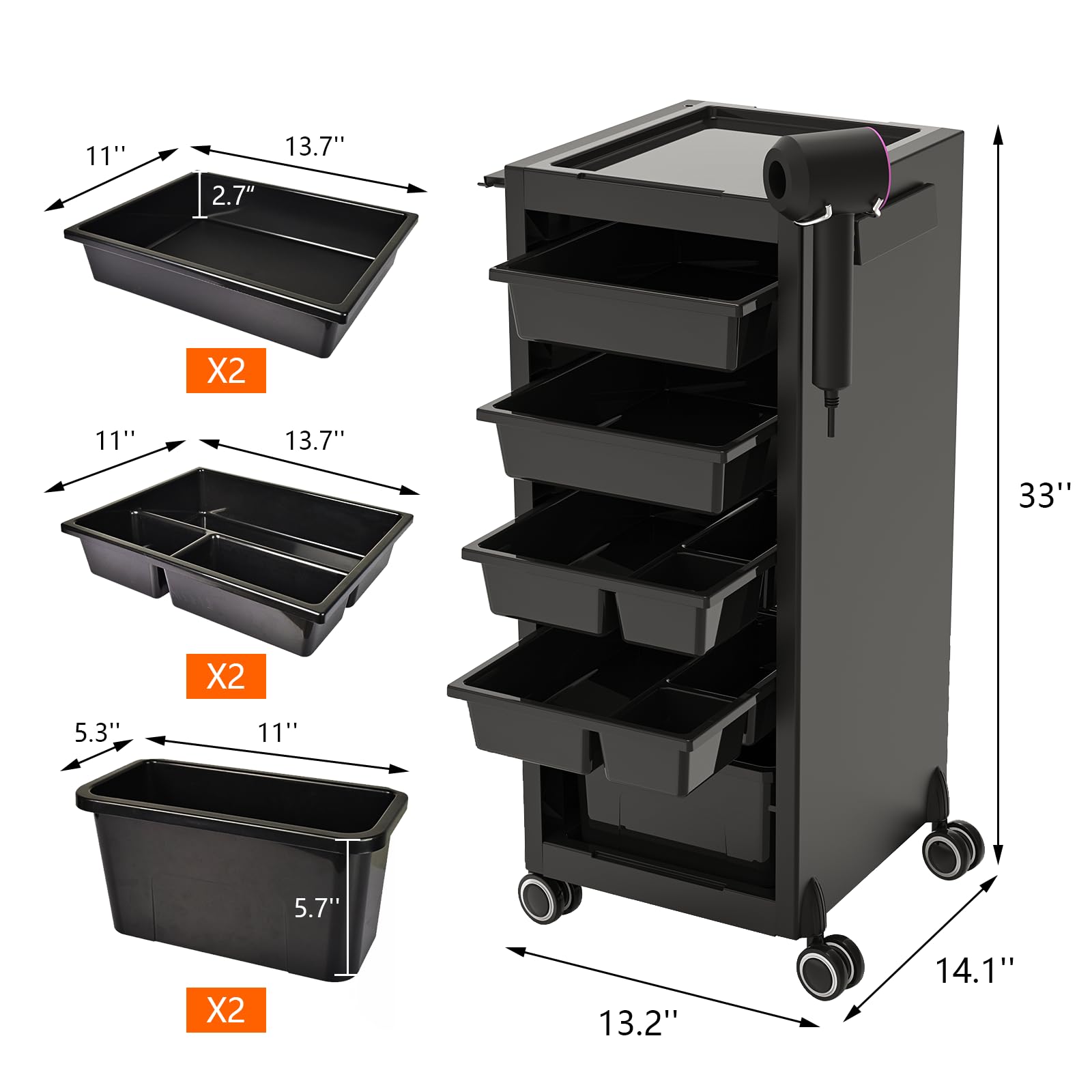 Carrello per salone con 6 cassetti – Carrello con ruote e porta asciugacapelli per salone e studio, nero