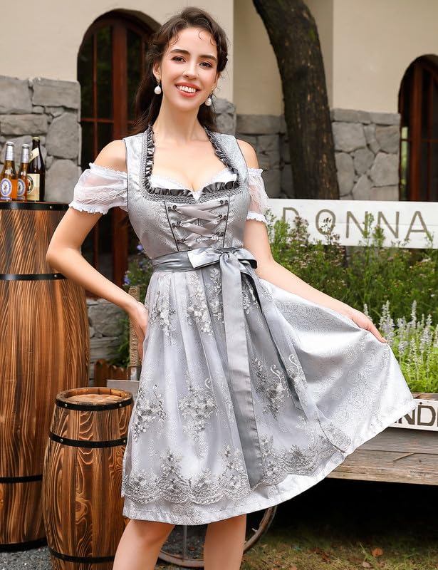 Garvee - Vestito tradizionale Dirndl Midi da donna, set da 3 pezzi con grembiule e camicetta per l'Oktoberfest, grigio vintage, taglia 42