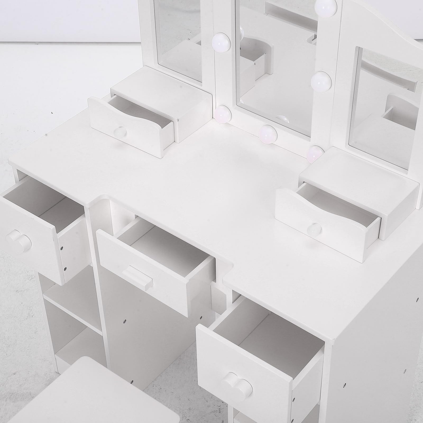 Tavolo da toeletta per bambini Garvee con specchio e luce, tavolo da trucco 2 in 1 da principessa, in legno, ampio spazio di archiviazione, specchio rimovibile, sicuro e stabile, per la cameretta delle bambine