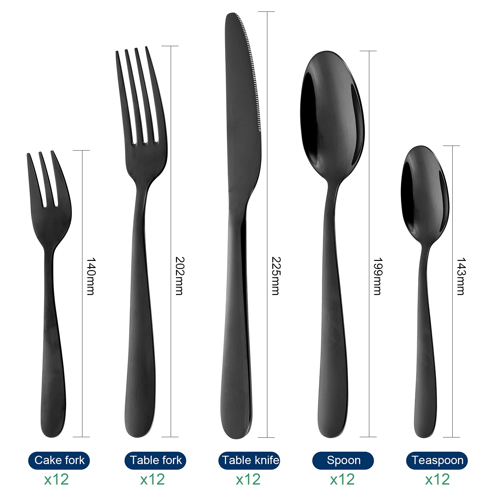 Set di posate Garvee da 60 pezzi, acciaio inossidabile, nero, per 12 persone, lucidato a specchio, lavabile in lavastoviglie, design moderno, sala da pranzo