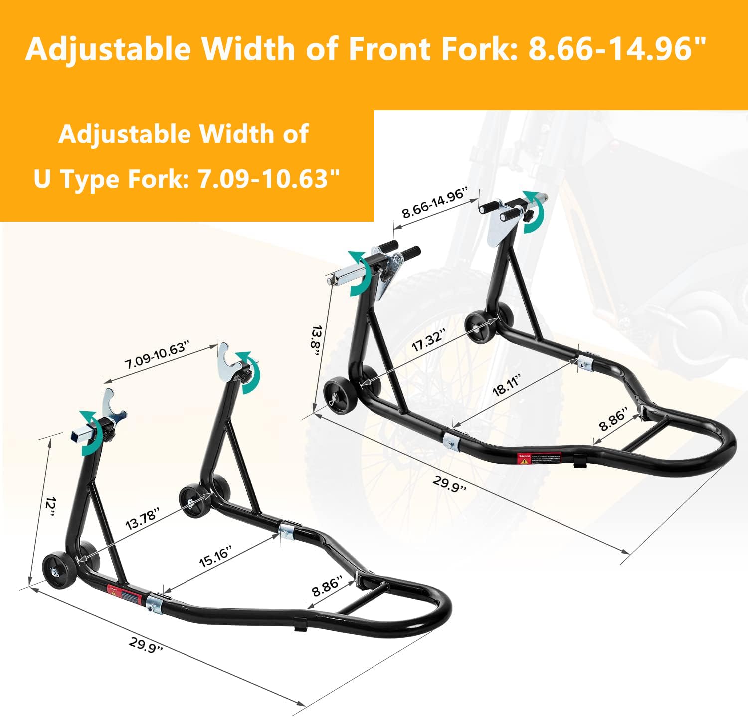 Cavalletto per moto Garvee da 850 libbre con teste forcella U+L per moto sportive e da cross, in acciaio, antiscivolo, con ruote, regolabile