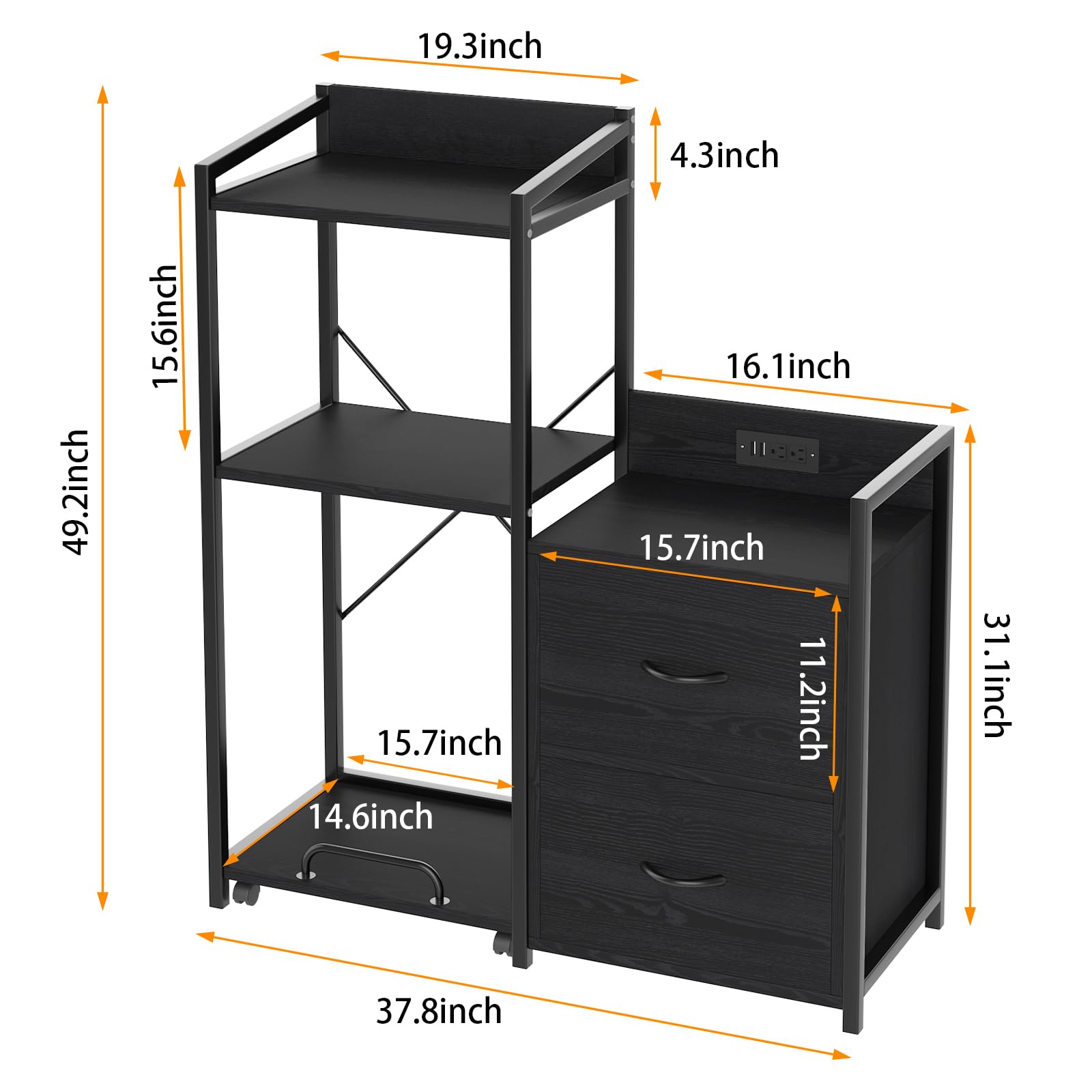Mobiletto portadocumenti Garvee con strisce LED, mobiletto per ufficio con 2 cassetti e ripiano, tavolo per stampante per ufficio e casa, grande, nero