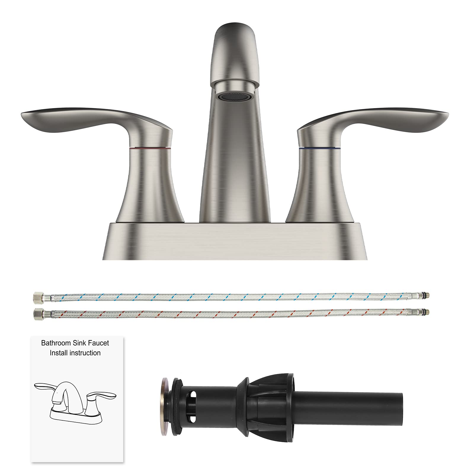 Rubinetto per bagno Garvee da 4 pollici, valvola in ceramica, nichel spazzolato, doppia maniglia, scarico a scomparsa, facile installazione