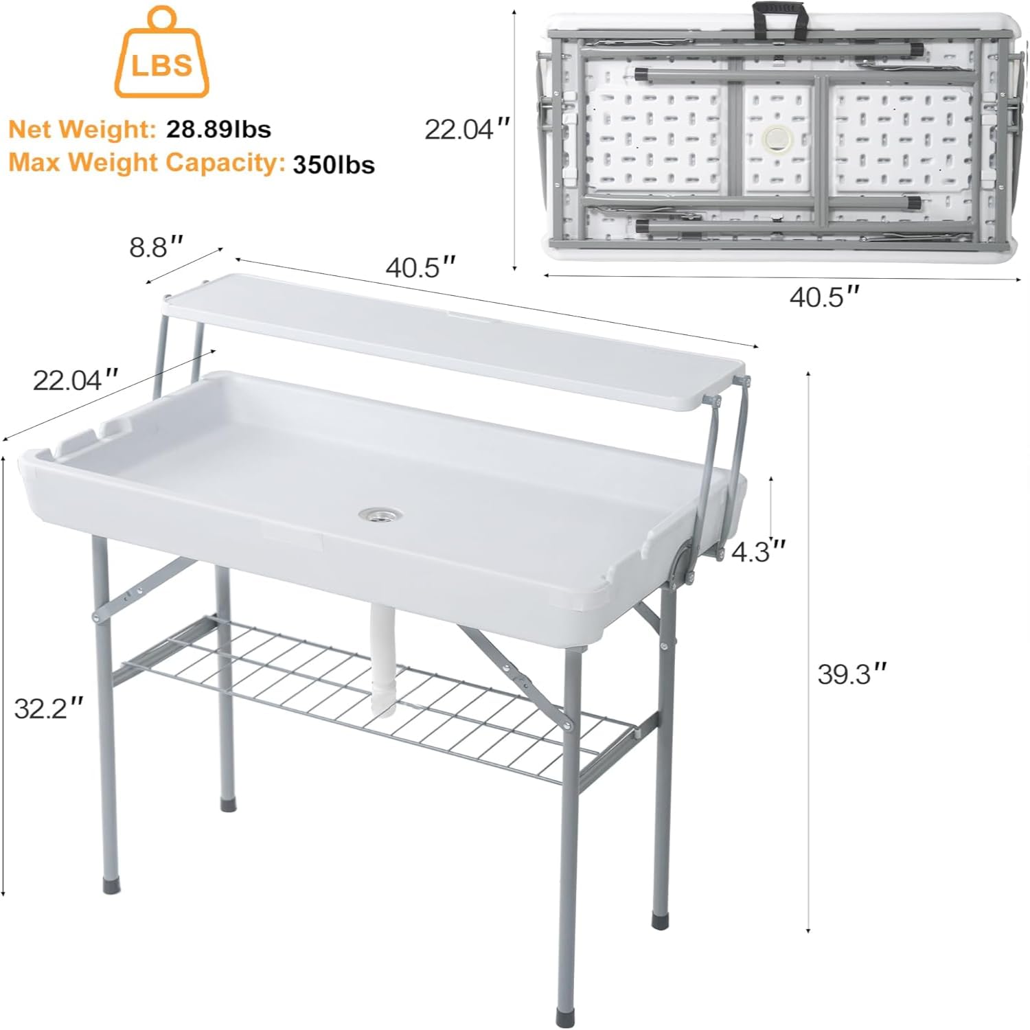 Tavolo portaghiaccio pieghevole Garvee con scarico, vassoio per ghiaccio a due livelli, portatile per campeggio, 40,5"x22"x39,4", materiale HDPE