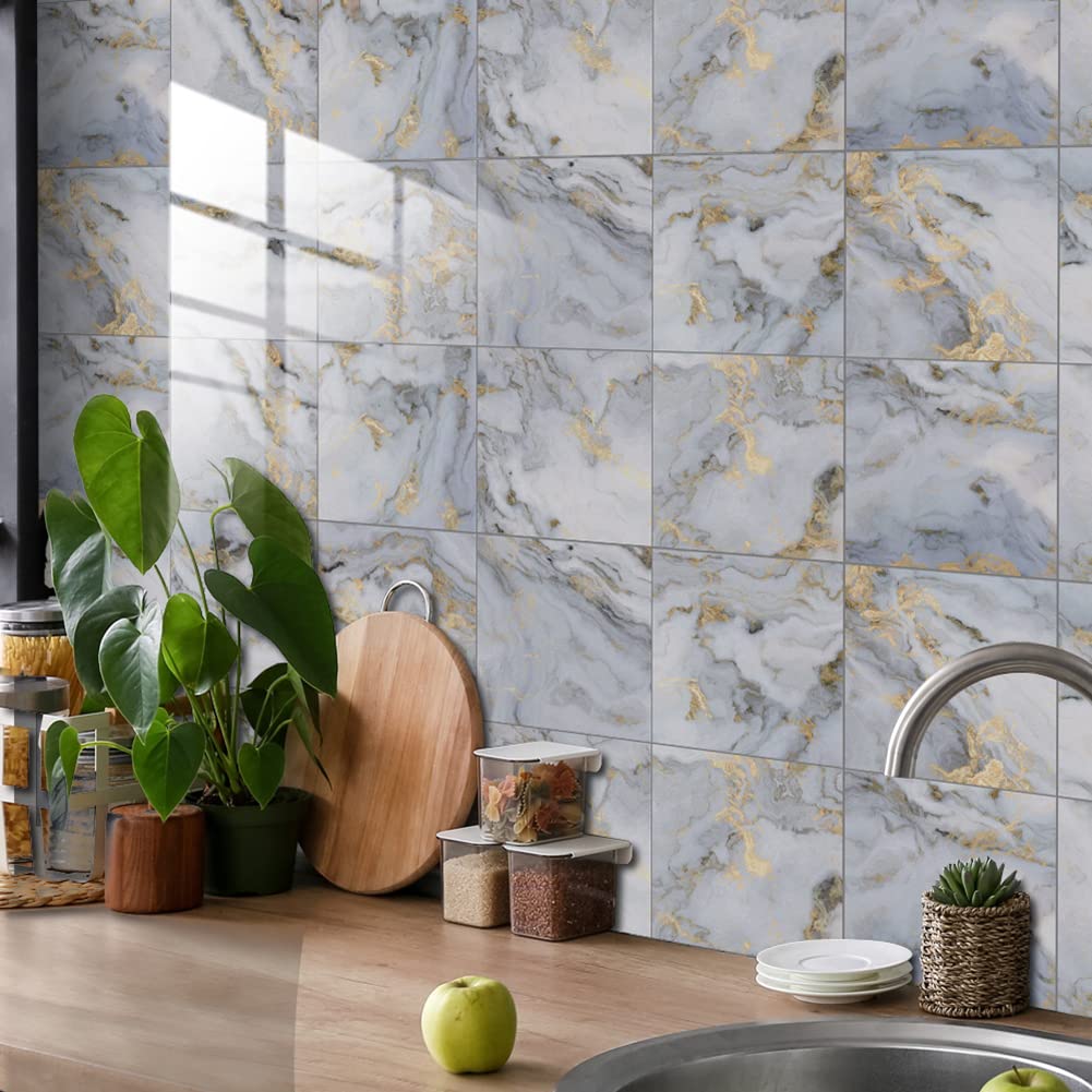 Garvee 10 adesivi per piastrelle in vinile effetto marmo, impermeabili, resistenti all'olio, autoadesivi, per decorare le piastrelle delle pareti di cucina e bagno