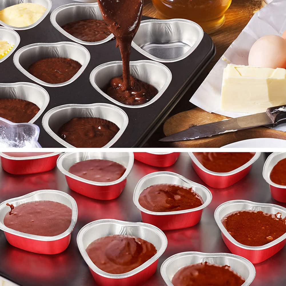 Pirottini per cupcake in alluminio Garvee, 50 pezzi, foglio di alluminio, mini cupcake mousse a forma di cuore, 100 ml, rosso, per picnic, matrimoni, feste