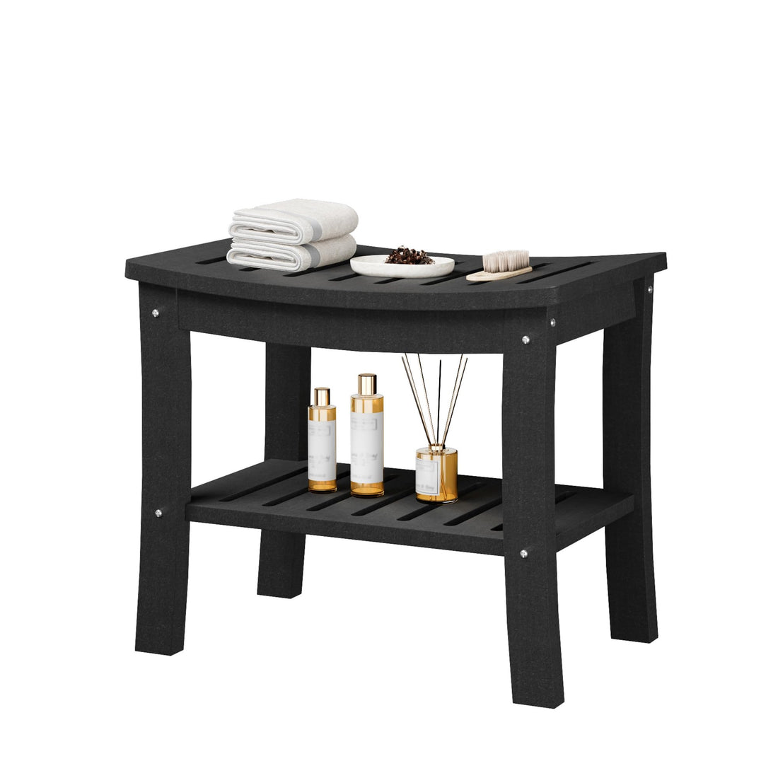 Panca da doccia Garvee in HDPE con ripiano per bagno e vasca, nera, effetto legno, impermeabile, antigraffio