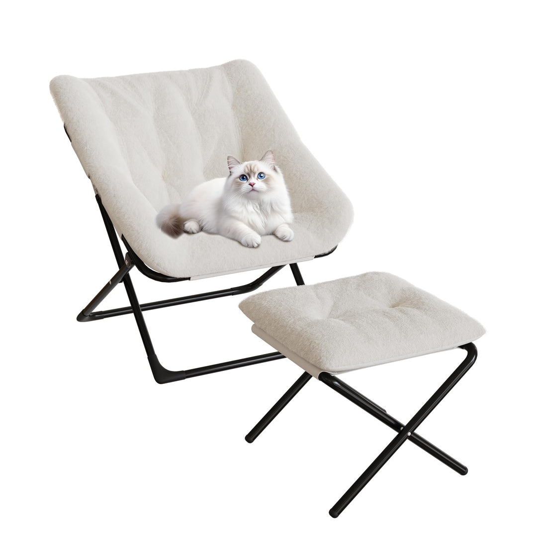 Poltrona Garvee oversize in pelliccia sintetica per adulti, pieghevole, struttura in metallo, beige, comfort per soggiorno e camera da letto