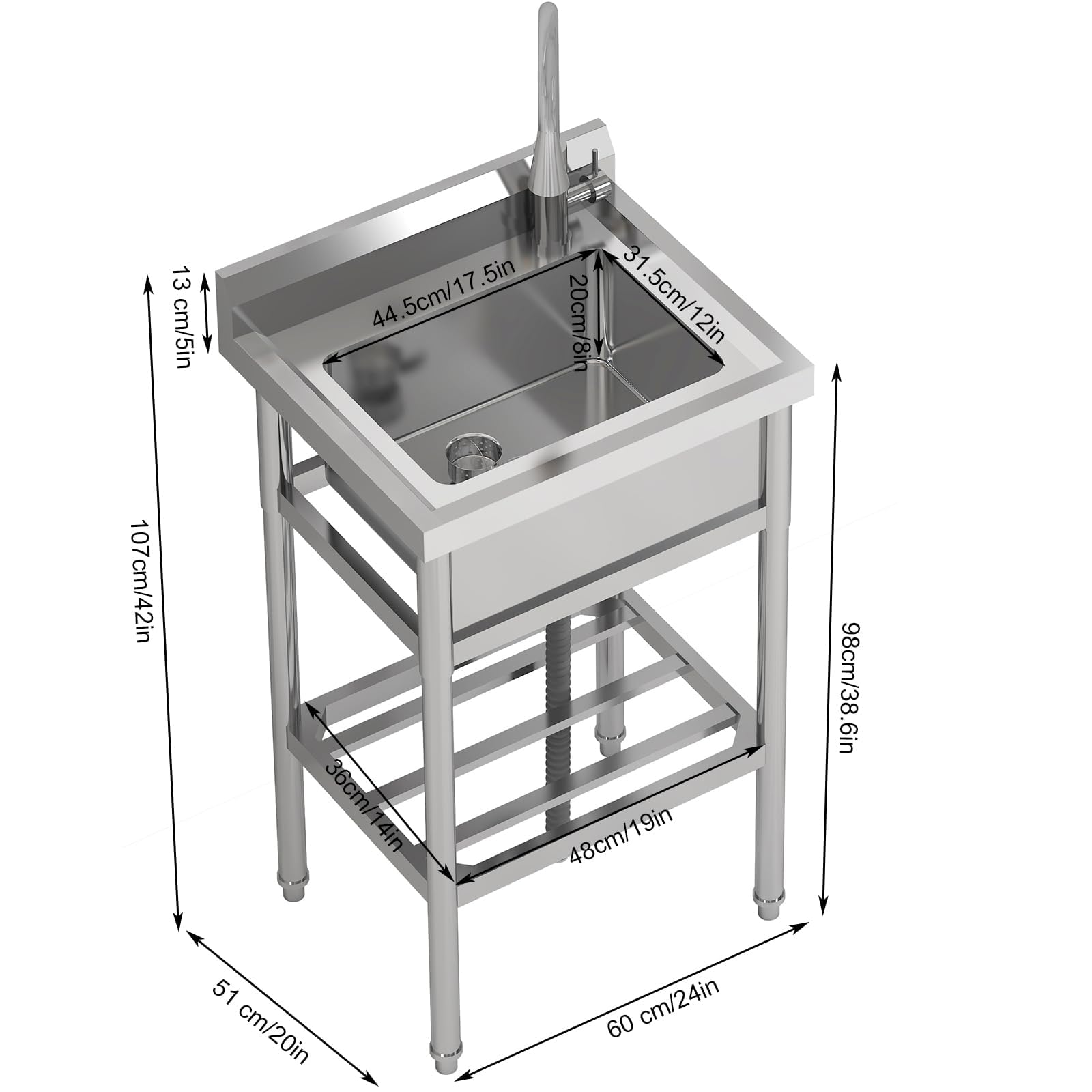 Lavello di servicio in acciaio inossidabile Garvee di grandi dimensioni 60x51x107 cm, lavello industriale da cucina e garage con fuoco e tropo pieno per uso commerciale e privato