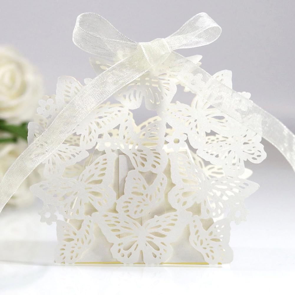 GARVEE 50 pezzi Scatole portaconfetti a forma di farfalla con nastro - Avorio per matrimoni e baby shower