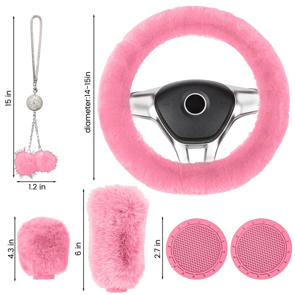 Garvee - Set di 6 coprivolanti in peluche per donna, accessori per auto, rosa, morbidi e brillanti, diametro del volante 38 cm