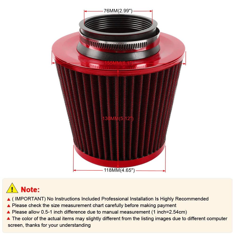 Garvee Filtro Aria Auto 76mm, Alto Flusso, Lega Alluminio, Vliesstoff, Montaggio Facile, Universale, Tuning Auto Sportiva