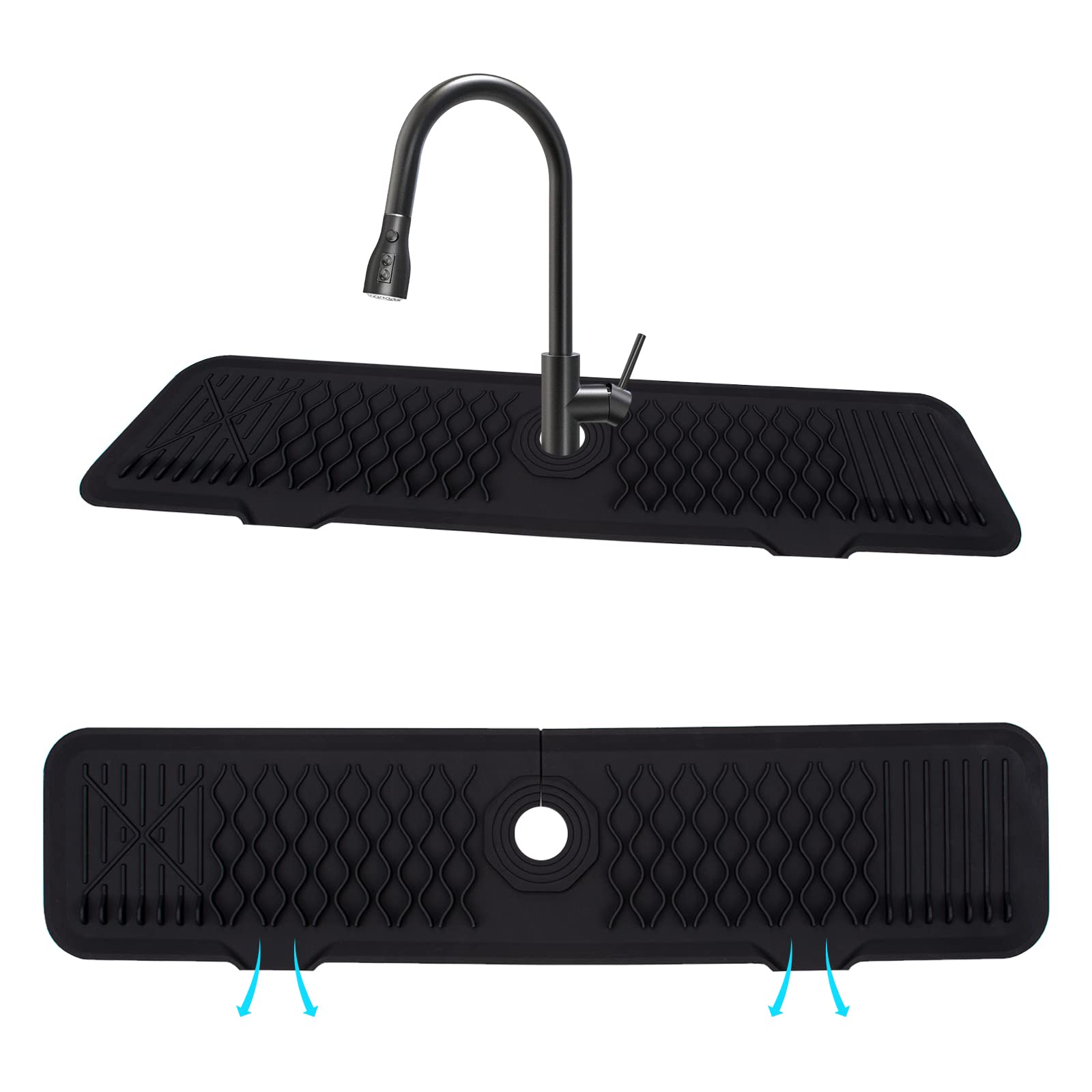 Tappetino raccogli gocce in silicone per rubinetto Garvee 61 x 14 x 0,5 cm, nero, per cucina, bagno, lavello, dispenser di sapone