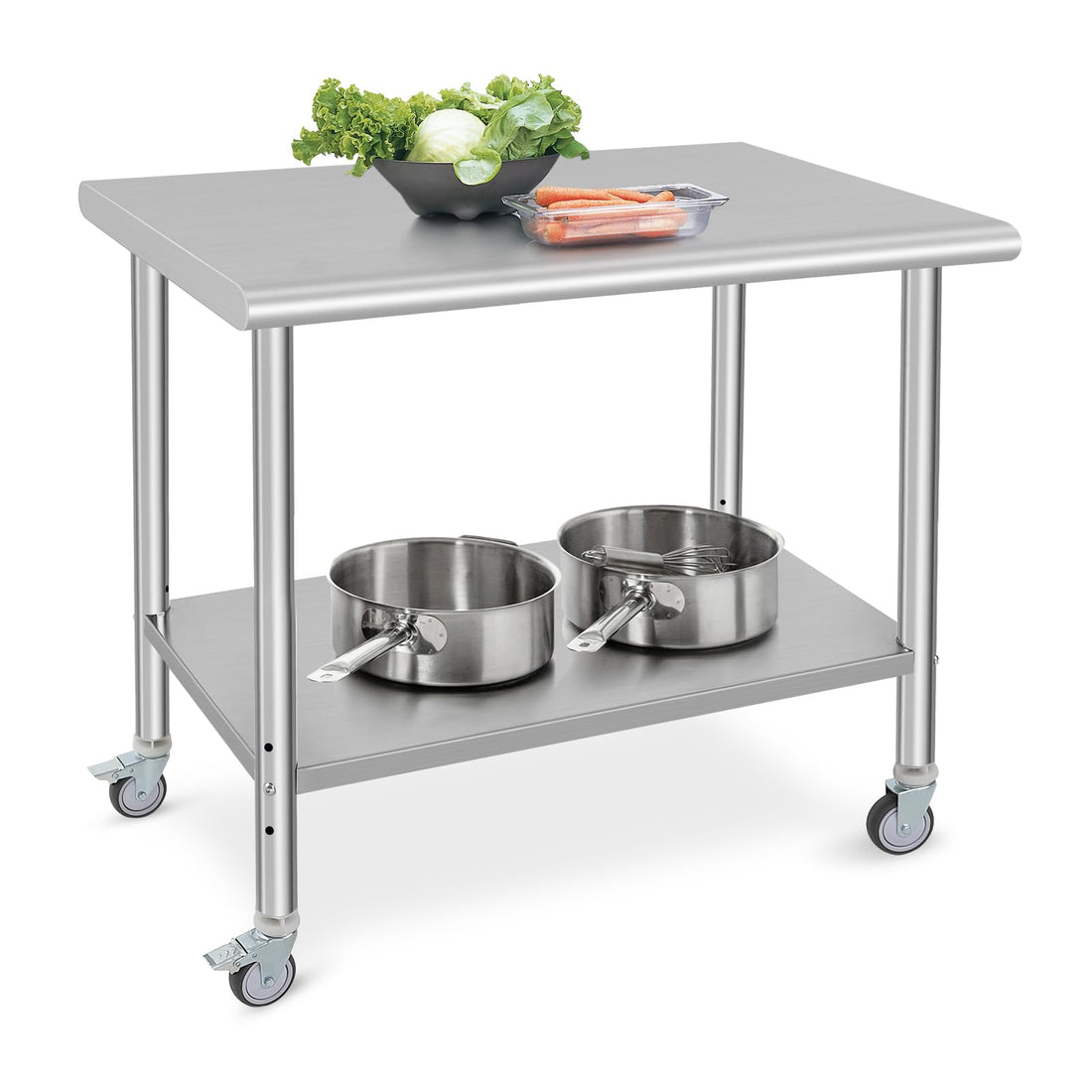 Tavolo da lavoro in acciaio inox Garvee 36x24x35" con ripiano inferiore regolabile e ruote per cucina e ristorante, robusto, facile da pulire