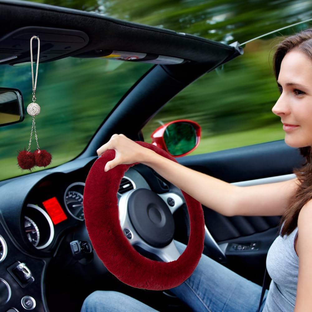 Garvee Set di 6 coprivolante morbidi con coprifreno a mano e portachiavi in peluche per interni auto, bordeaux, elastico, invernale
