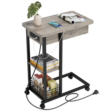 Tavolino laterale Garvee a forma di C con stazione di ricarica, porte e prese USB, 3 ripiani, melamina, grigio per soggiorno e camera da letto