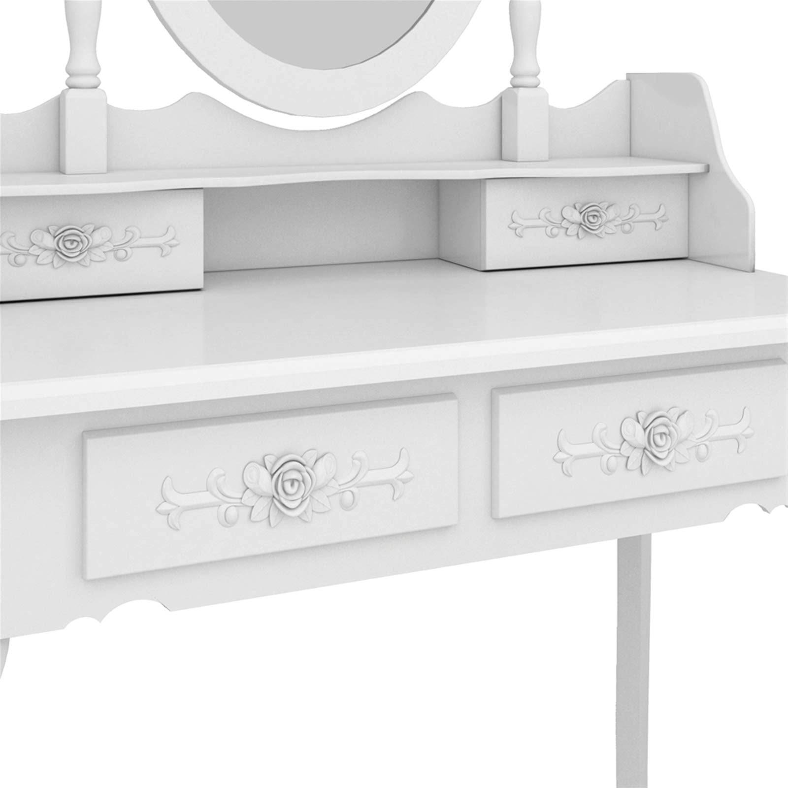Tavolo da toeletta Garvee con sgabello, specchio girevole a 360°, 4 cassetti, 142,5 cm, bianco, tavolo da trucco per camera da letto