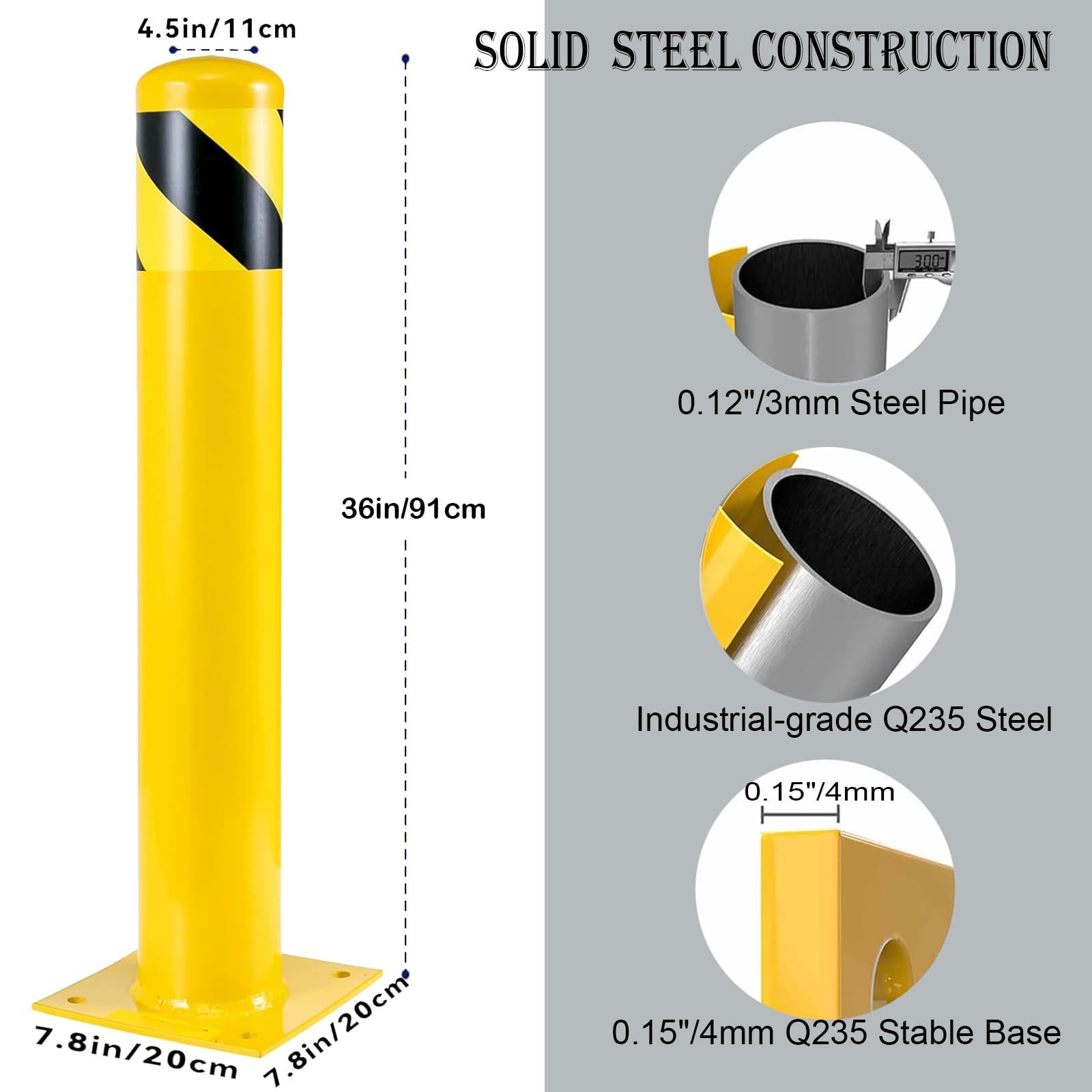 Paletto di sicurezza Garvee da 36 pollici in acciaio, diametro 4.5 pollici, giallo riflettente per controllare il traffico su eventuali parcheggi