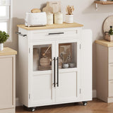Garvee Carrello Isola Cucina 107 cm con Ripiani 3 Livelli, Ruote Bloccabili, Piano in Legno Massello, Mobile Bianco Naturale, Multiuso per Cucina e Sala - Natural Oak