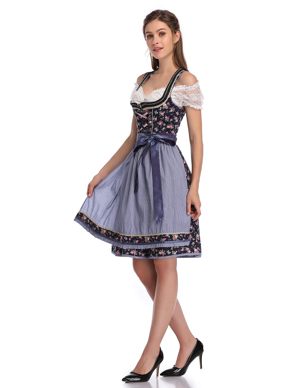 Abito tradizionale Dirndl da donna Garvee, abito midi in 3 pezzi, camicetta e grembiule, motivo floreale blu navy, Oktoberfest