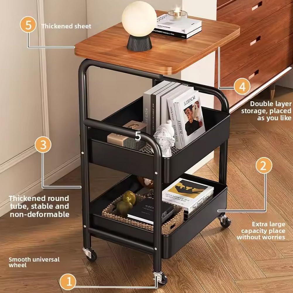 Carrello Garvee a 3 ripiani con piano in legno, struttura in metallo, 3 ripiani, 4 ruote con freni per cucina e ufficio, 16.5"x11.8", nero