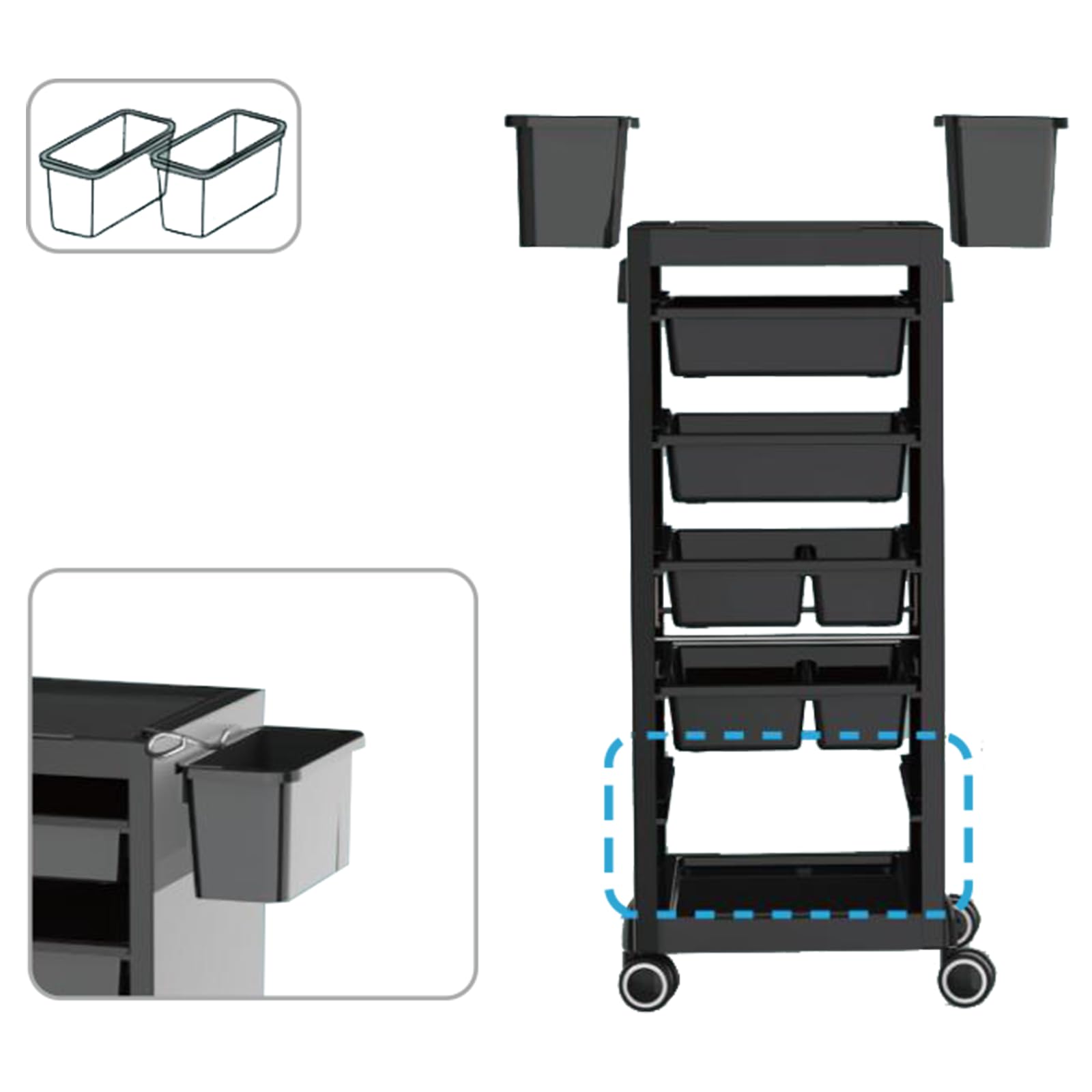 Carrello per salone con 6 cassetti – Carrello con ruote e porta asciugacapelli per salone e studio, nero