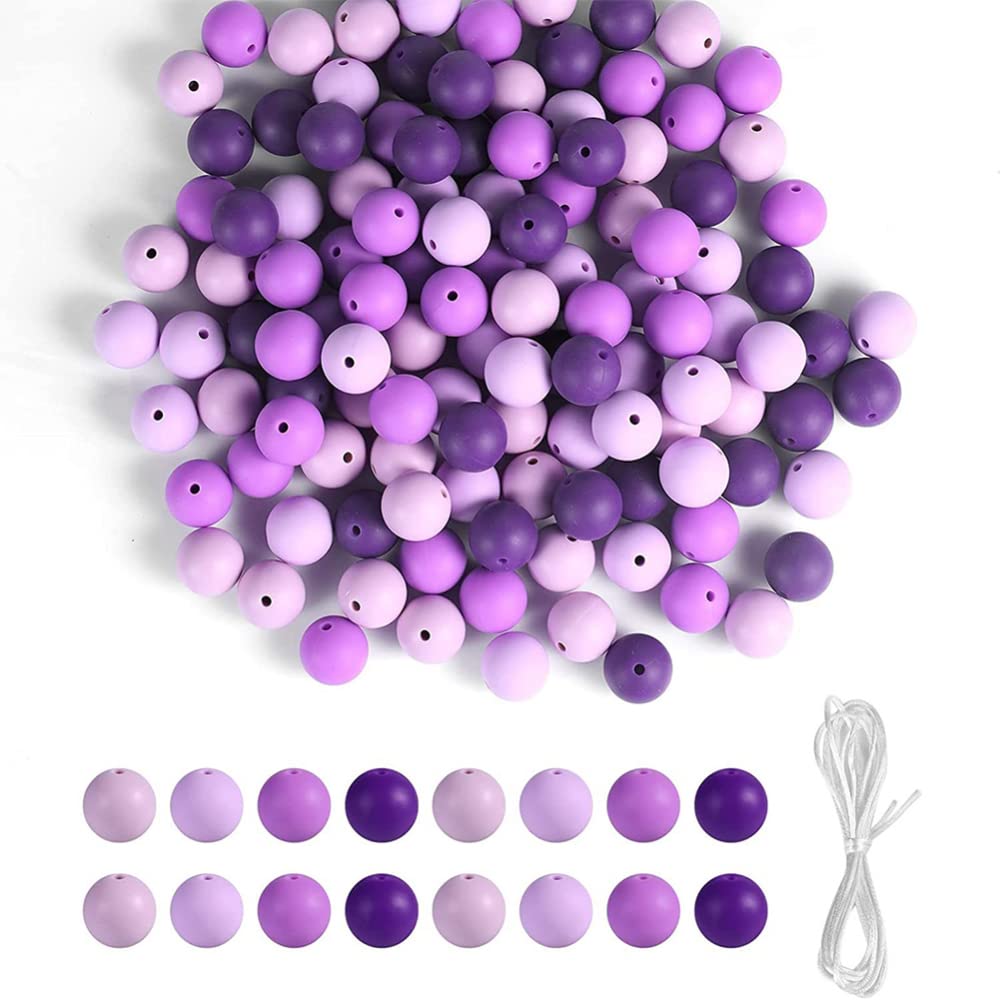 Garvee 120 perline in silicone per la creazione di braccialetti, perline rotonde colorate da 15 mm con filo, viola, resistenti per gioielli e portachiavi