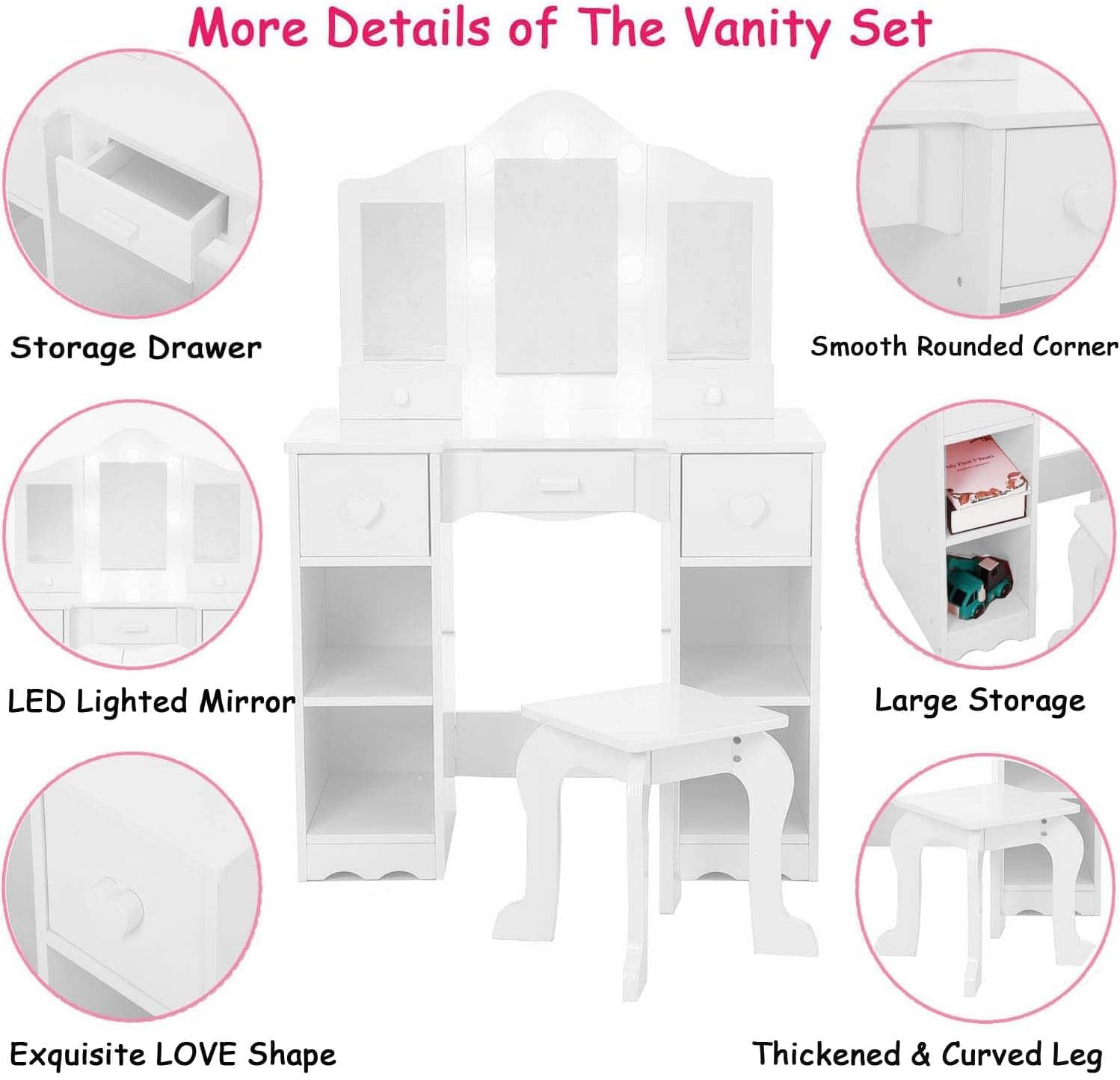 Tavolo da toeletta per bambini Garvee con specchio e luce, tavolo da trucco 2 in 1 da principessa, in legno, ampio spazio di archiviazione, specchio rimovibile, sicuro e stabile, per la cameretta delle bambine