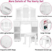 Tavolo da toeletta per bambini Garvee con specchio e luce, tavolo da trucco 2 in 1 da principessa, in legno, ampio spazio di archiviazione, specchio rimovibile, sicuro e stabile, per la cameretta delle bambine