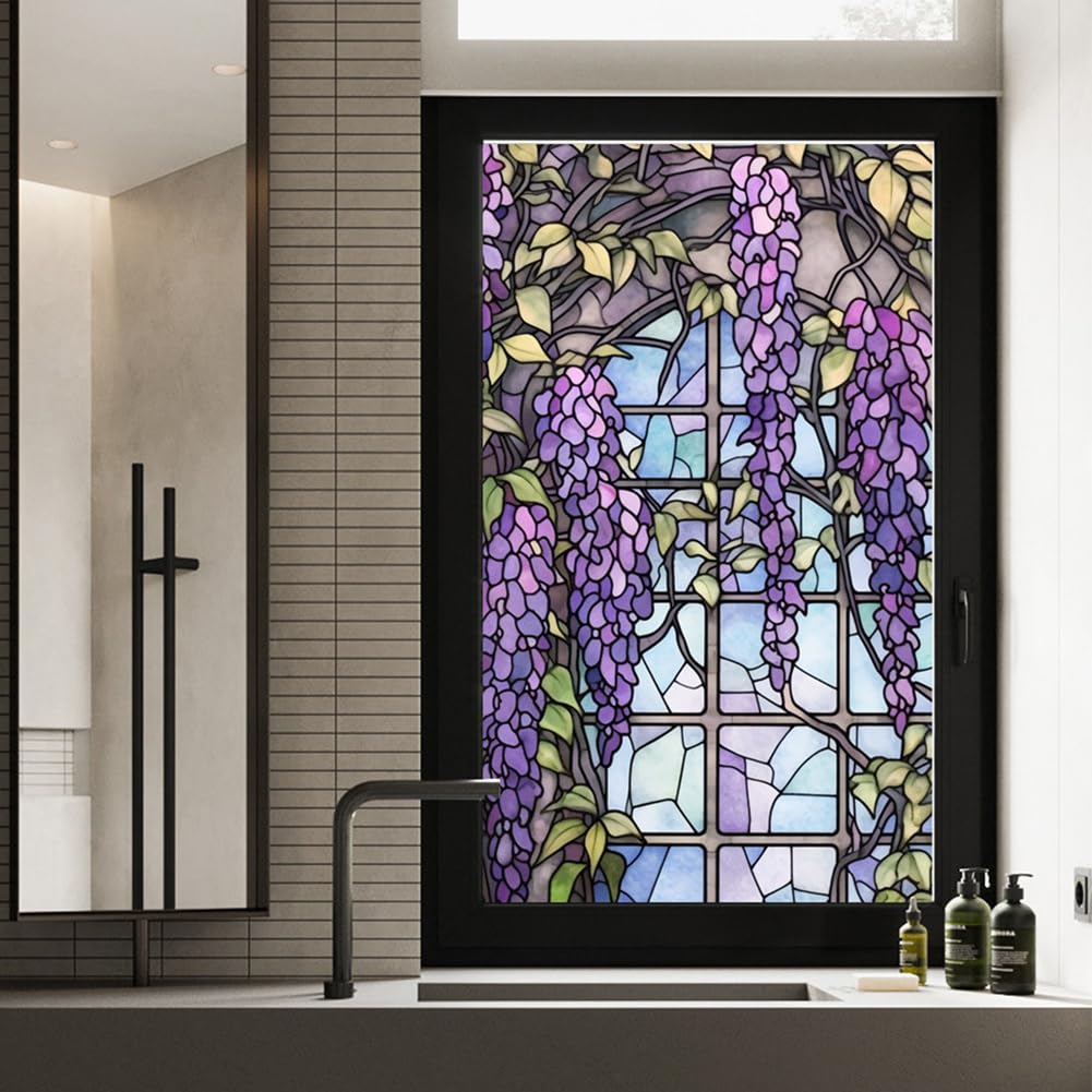 Pellicola per vetri colorati Garvee, motivo floreale, con blocco UV, isolamento termico, adesivi statici viola per decorazioni in vetro per finestre, 45x100 cm