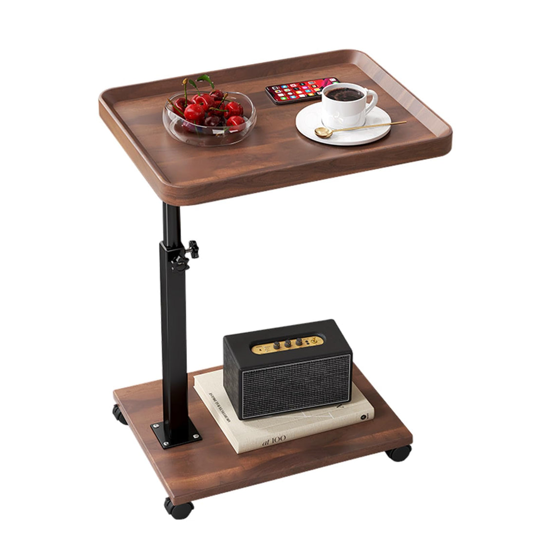 Tavolino laterale Garvee a forma di C, altezza regolabile con ruote, per soggiorno e camera da letto, legno e metallo, pieghevole, salvaspazio