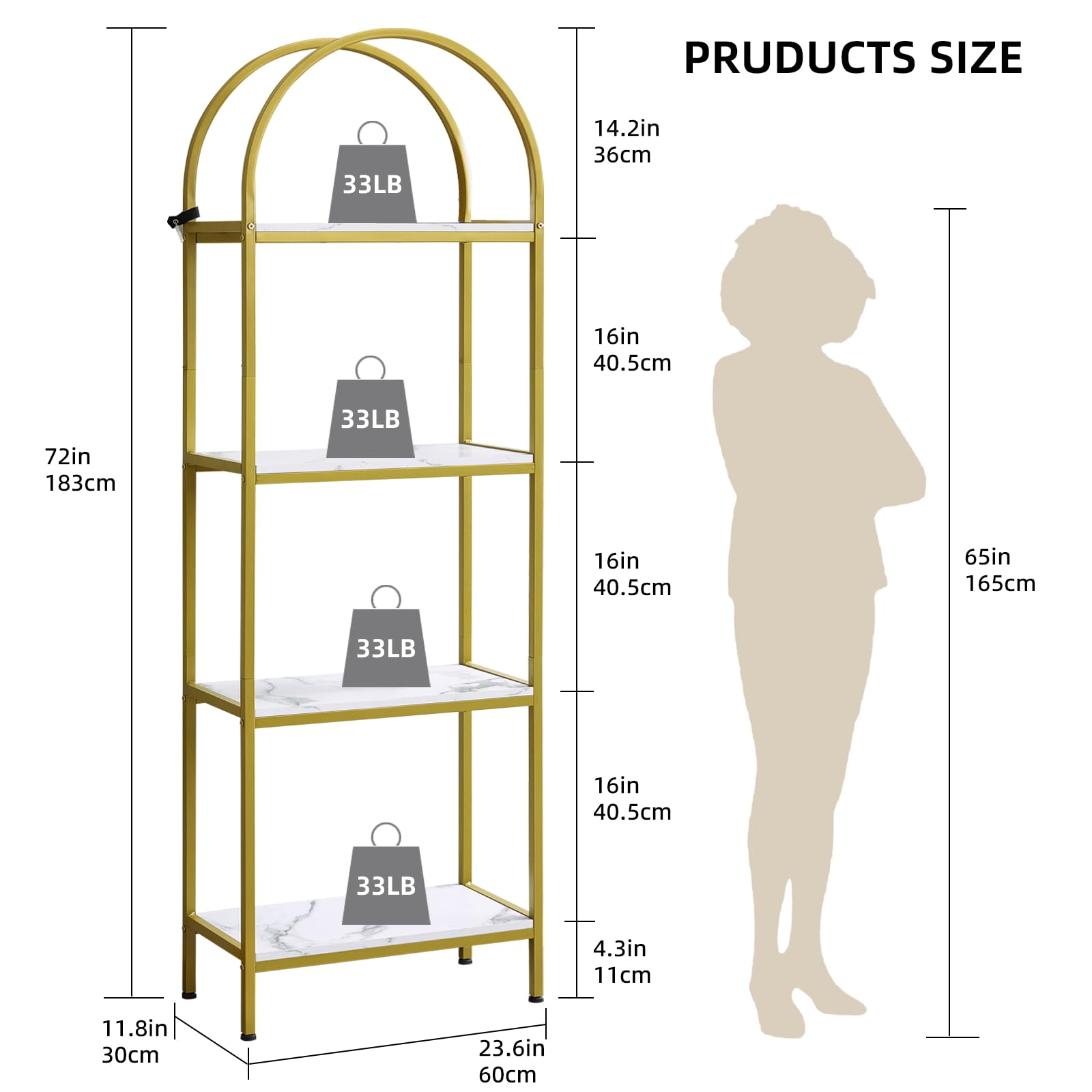 Libreria Garvee a 4 ripiani con arco, struttura in metallo, robusta per soggiorno e ufficio, 72x24x12 pollici, design moderno