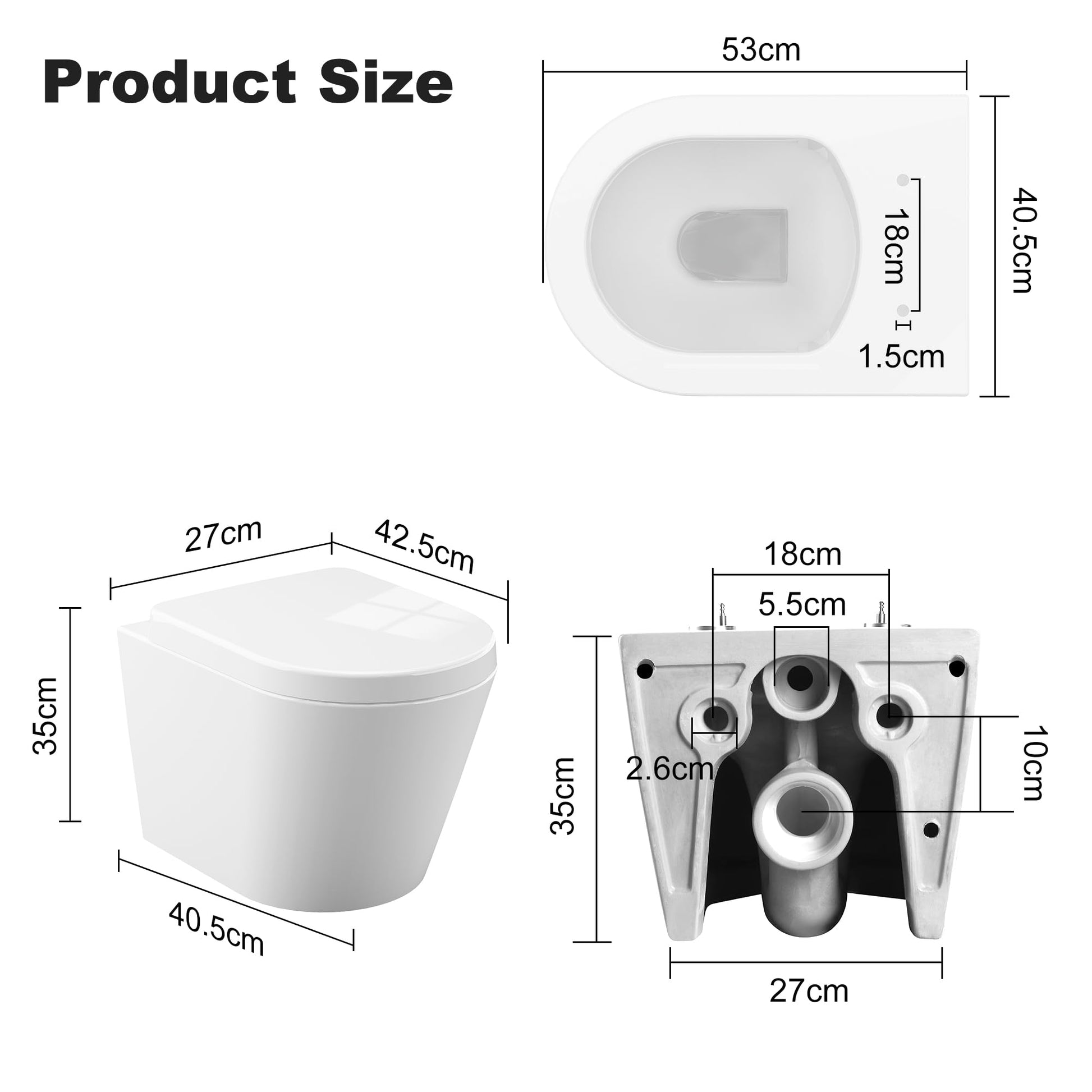 Garvee WC Sospeso Senza Bordo Di Scarico, Ceramica Resistente, Bagno Ospiti, 53 cm, Bianco