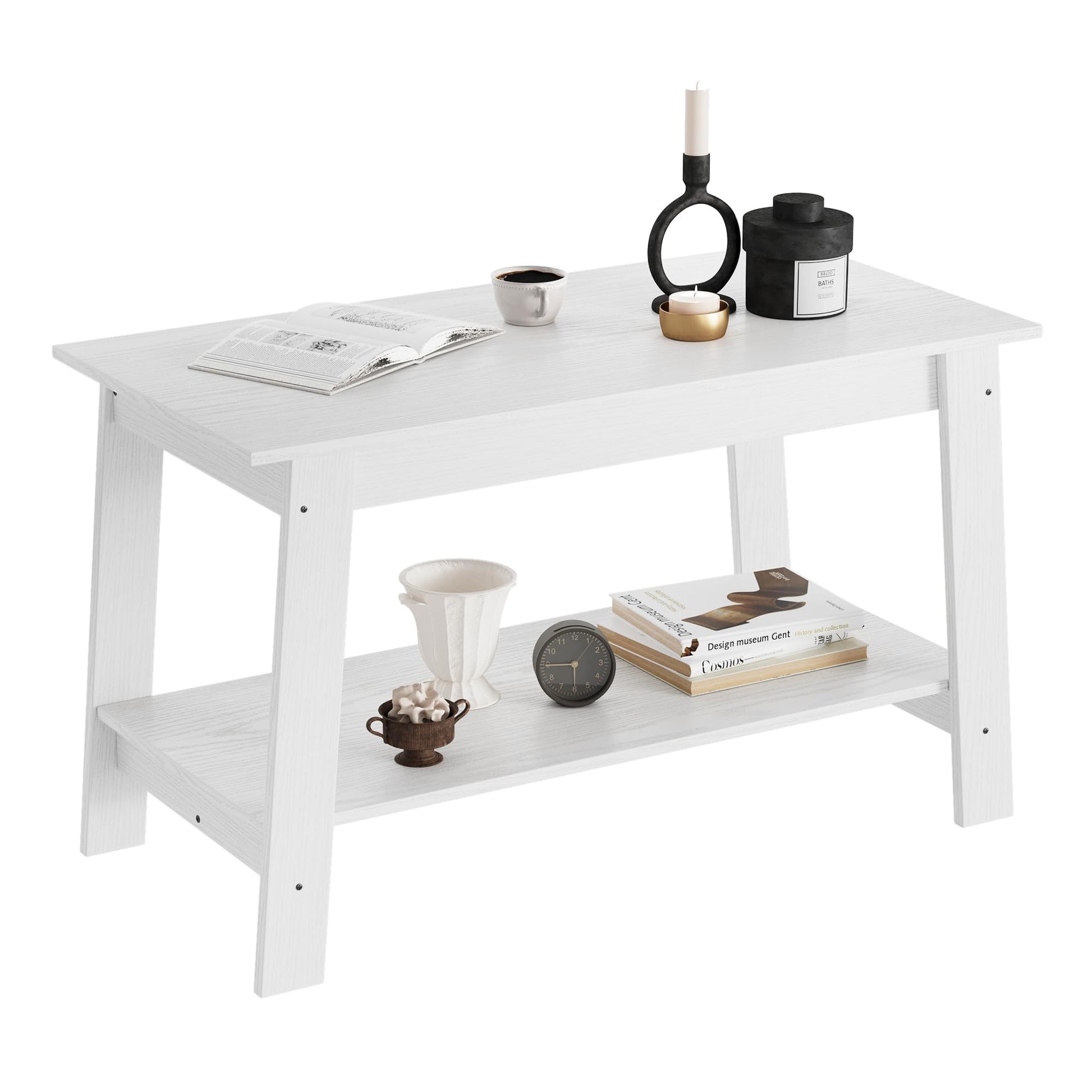 Tavolino da caffè Garvee 80 cm rustico moderno da fattoria, 2 livelli, legno, bianco, rettangolare, soggiorno, ufficio, camera da letto