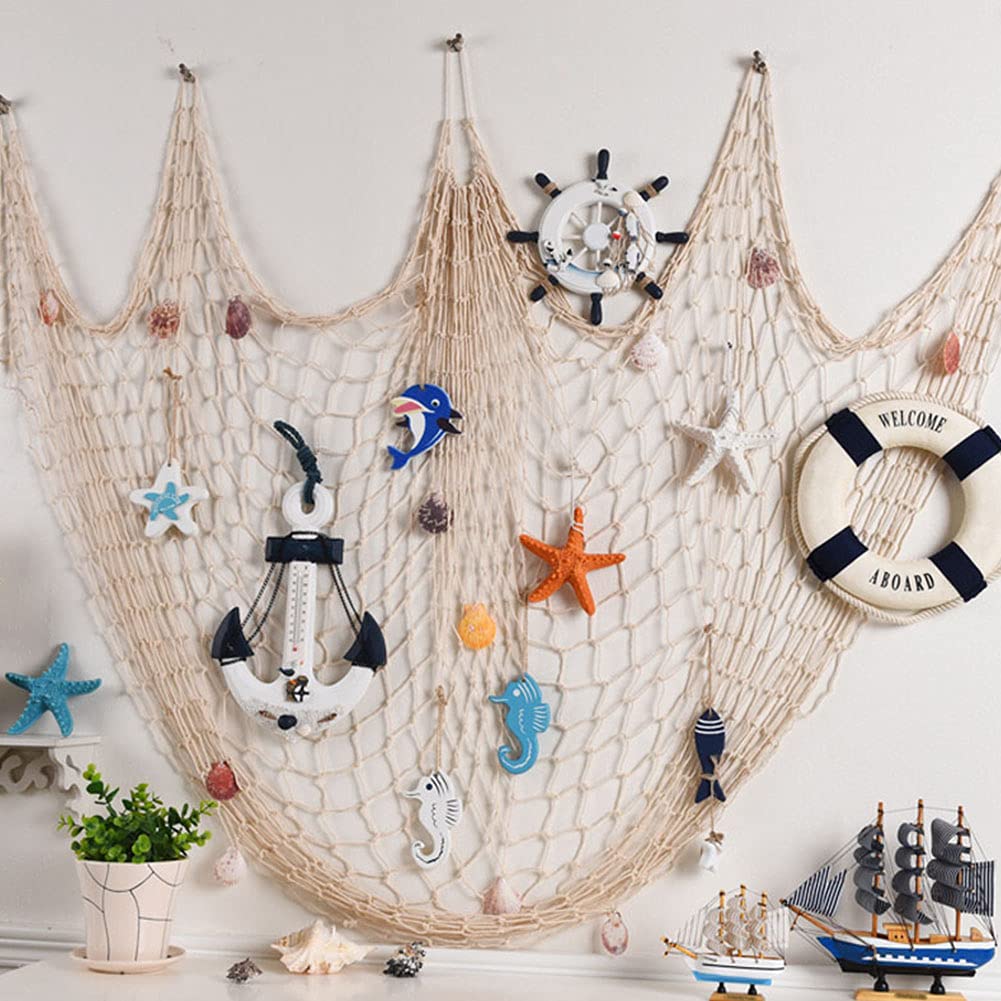 Garvee Filet De Pêche Méditerranéenne En Corde De Chanvre - Décoration Murale Bleue Avec Coquillages - 1x2 M - Ambiance Marine