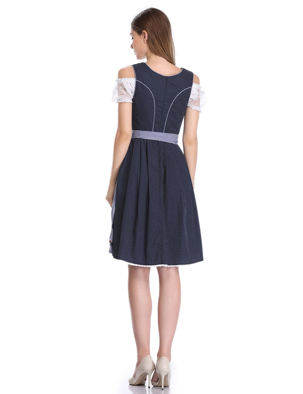 Abito tradizionale Dirndl da donna Garvee, corto con ricami, per l'Oktoberfest, set da tre pezzi, a pois, blu scuro, taglia 34