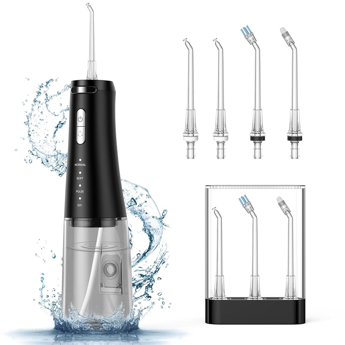 Garvee 300 ml Filo interdentale portatile senza fili con 4 modalità e 4 ugelli per casa e viaggio, ricarica rapida USB, impermeabile IPX7, batteria da 2500 mAh, nero