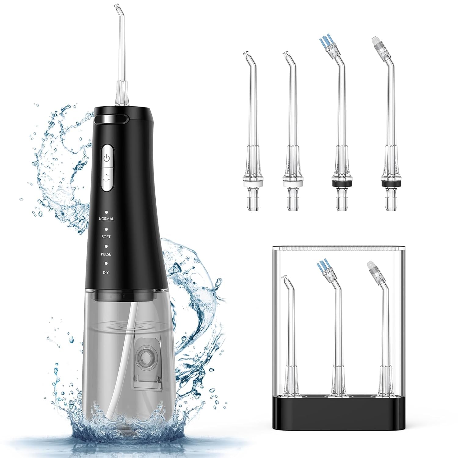 Garvee 300 ml Filo interdentale portatile senza fili con 4 modalità e 4 ugelli per casa e viaggio, ricarica rapida USB, impermeabile IPX7, batteria da 2500 mAh, nero