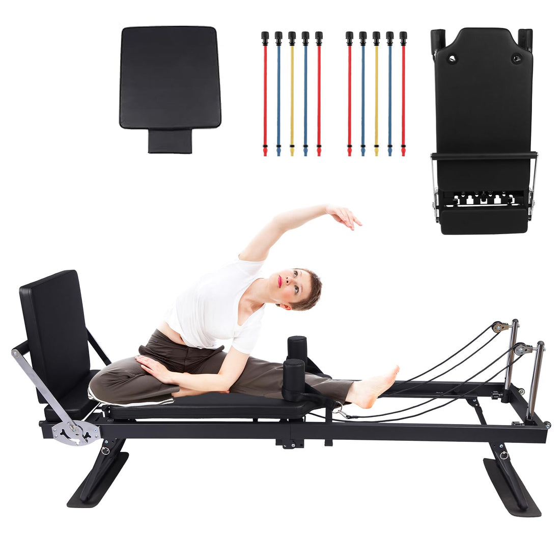 Garvee Pilates Reformer pieghevole con trampolino, 2 fasce di resistenza, struttura in metallo, regolabile, salvaspazio, allenamento a casa