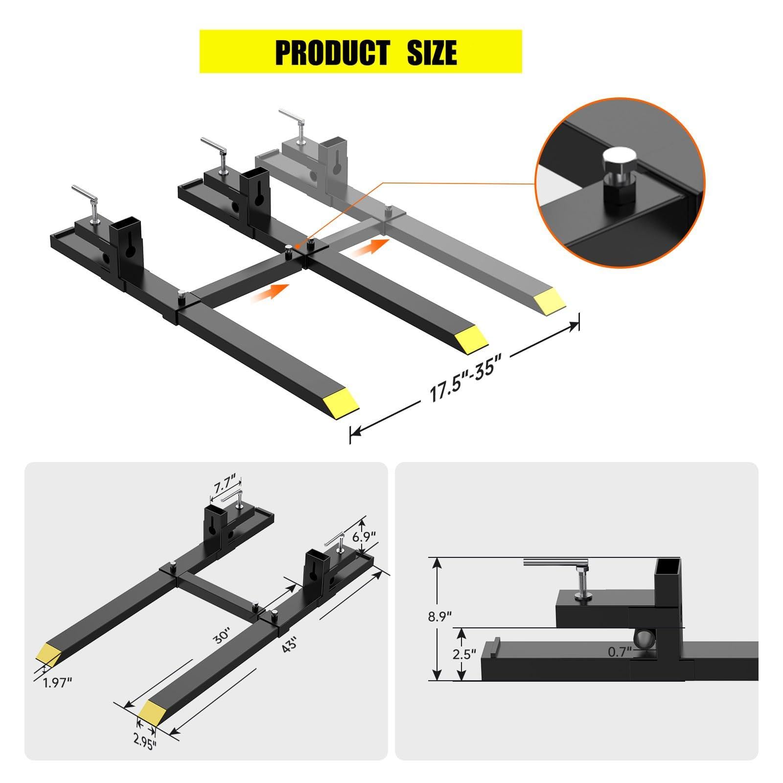 Forche per pallet con morsetto Garvee da 43" e capacità di carico di 2000 libbre, barra stabilizzatrice regolabile, acciaio per impieghi gravosi, forche per caricatore frontale, montaggio rapido, per trattori e minipale