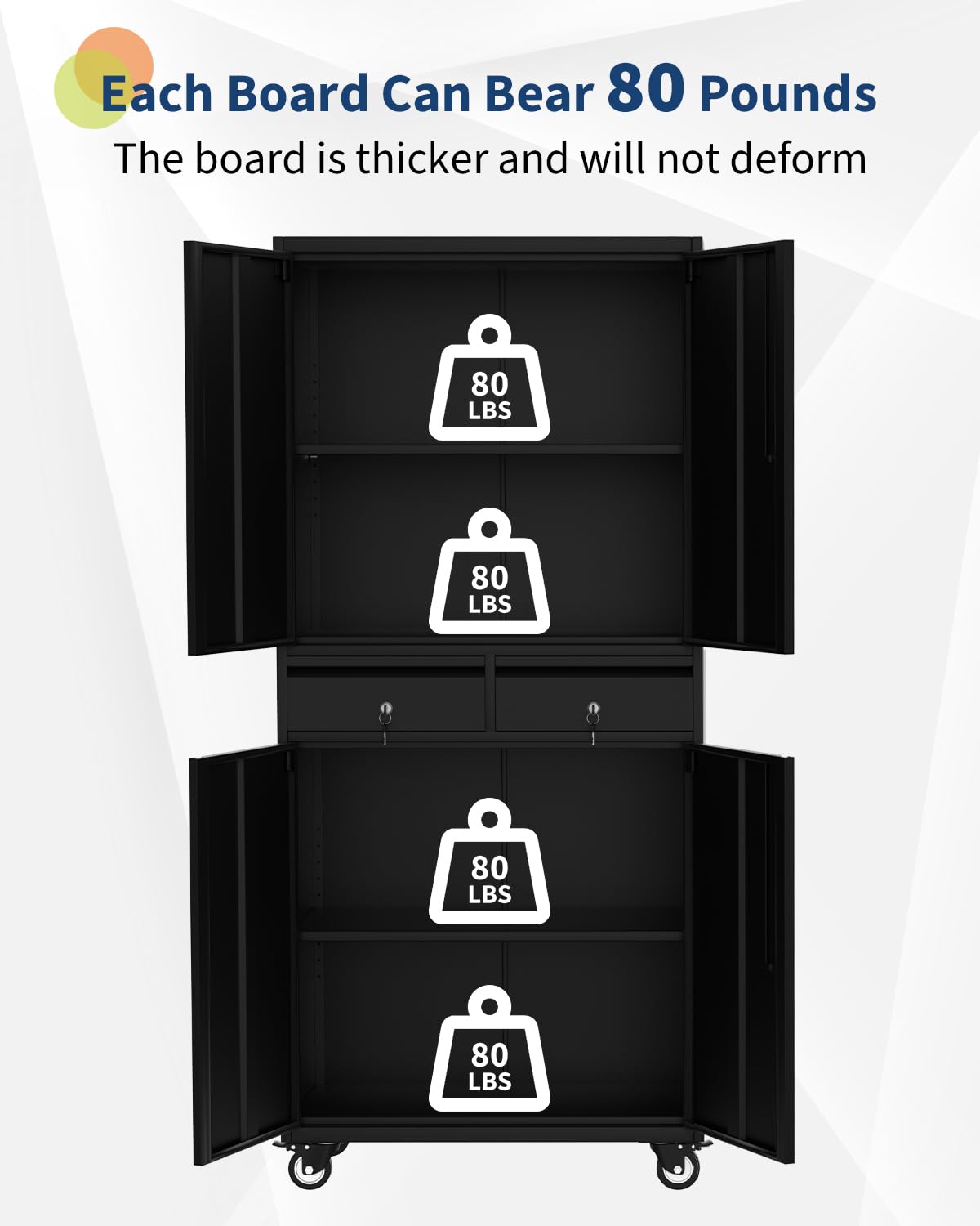 Armadio portaoggetti in metallo Garvee da 72" con ruote, ante con serratura e 2 cassetti per officina e garage, 72"x31,5"x16,5", verniciato a polvere