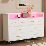 Garvee Cassettiera 8 Cassetti con Luci RGB, Stazione di Ricarica, Legno MDF, Metallo, Ampio Spazio, Camera da Letto e Soggiorno, Nero - Bianco