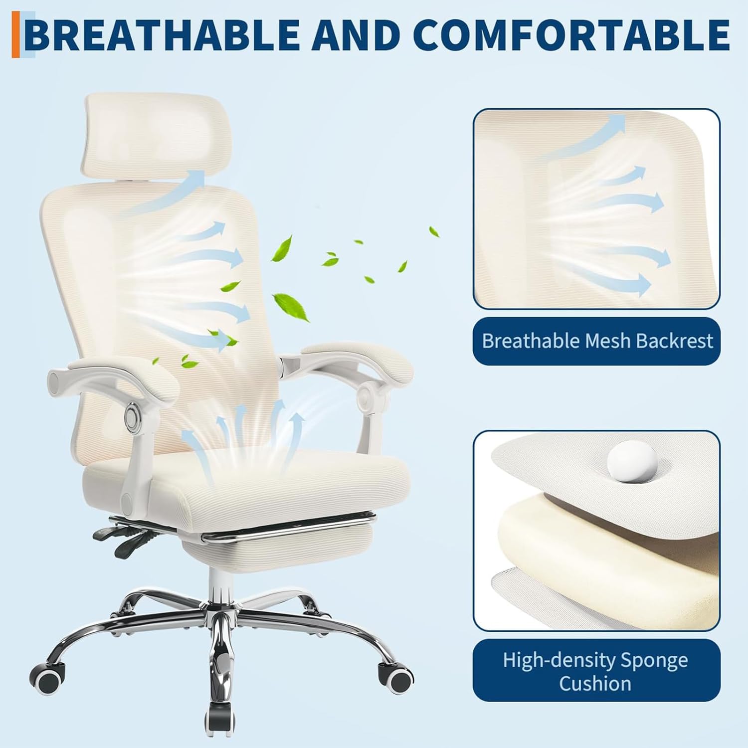 Sedia da ufficio ergonomica Garvee con poggiatesta regolabile, supporto lombare, poggiapiedi estensibile per ufficio domestico, beige, altezza regolabile, rete traspirante