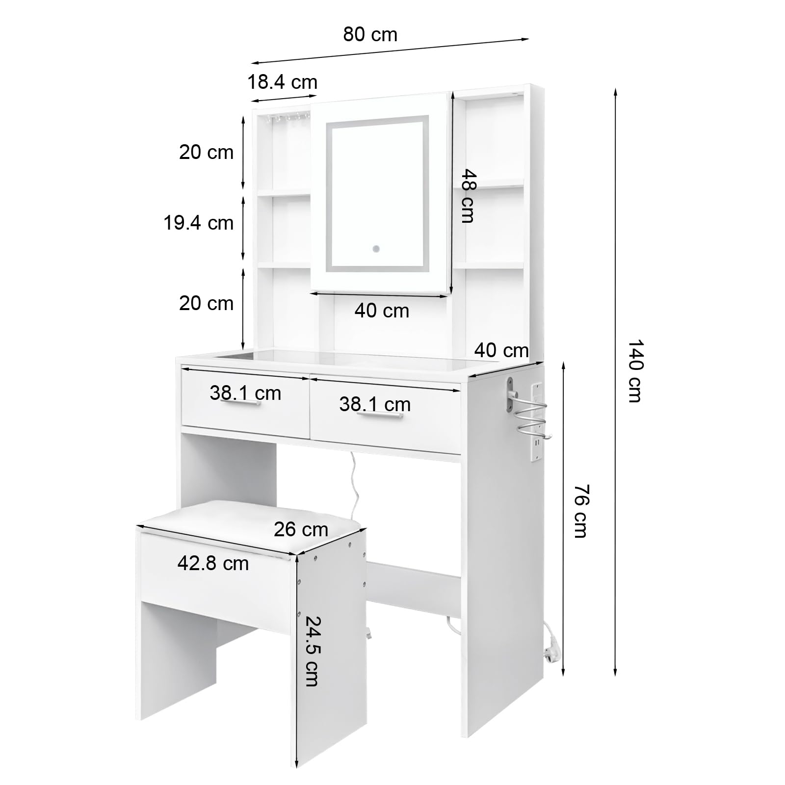Set da parrucchiere Garvee con specchio LED, 2 cassetti, 4 ripiani, piano in vetro, presa elettrica, porta asciugacapelli, bianco, design moderno per camera da letto