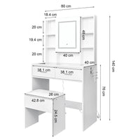 Set da parrucchiere Garvee con specchio LED, 2 cassetti, 4 ripiani, piano in vetro, presa elettrica, porta asciugacapelli, bianco, design moderno per camera da letto