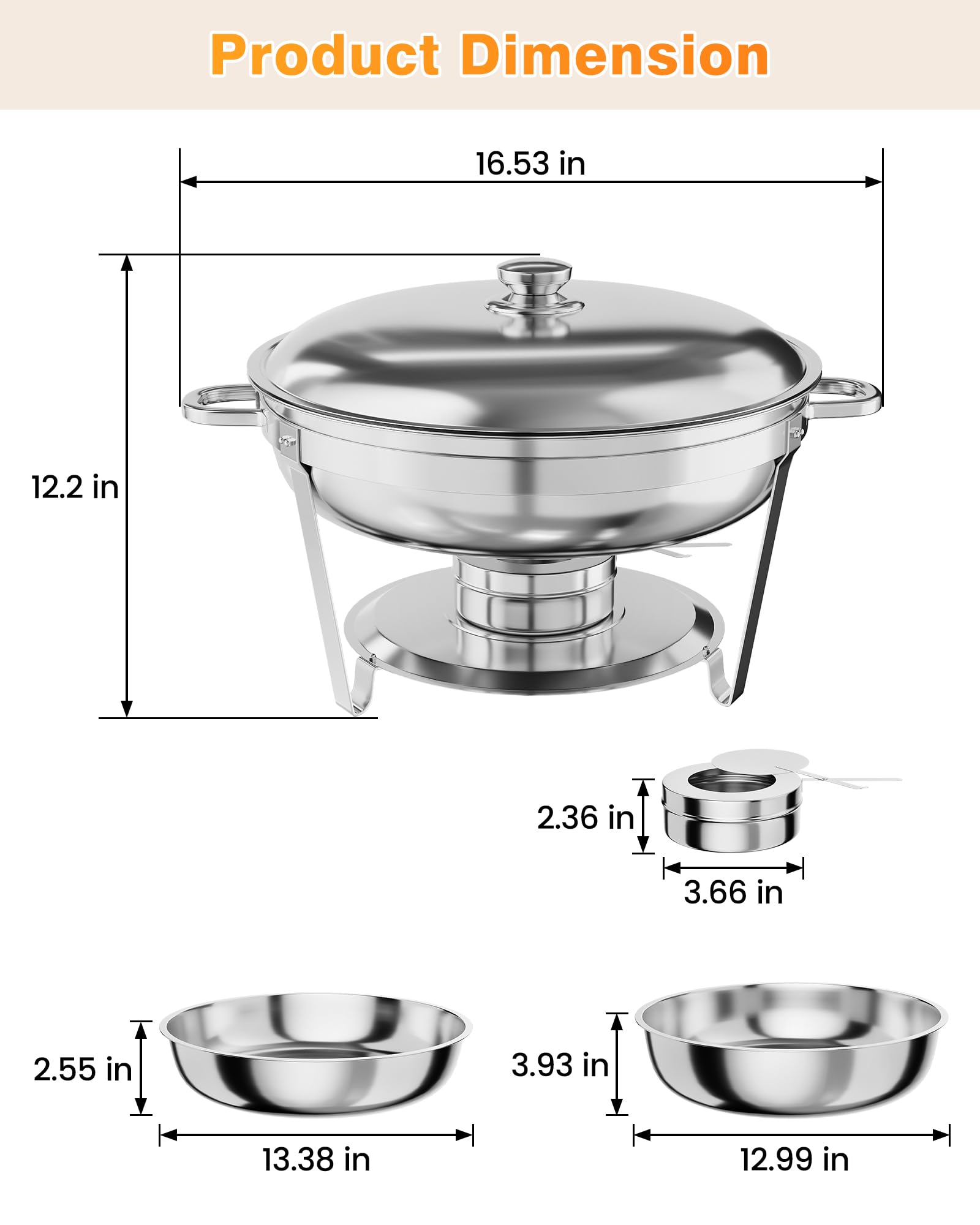Garvee 5QT Chafing Dish Buffet Set in acciaio inossidabile, confezione da 4 - Attrezzatura professionale per la ristorazione per il controllo della temperatura durante feste ed eventi