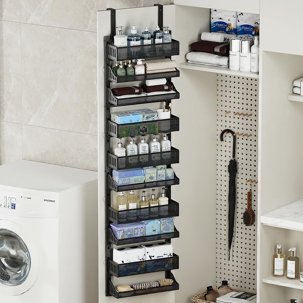 Porta spezie da appendere alla porta Garvee, portaoggetti da appendere alla porta a 10 ripiani, portaoggetti da appendere alla porta in metallo con ganci, organizer da appendere per cucina, dispensa, soggiorno, 41,5 x 13 x 154 cm, nero
